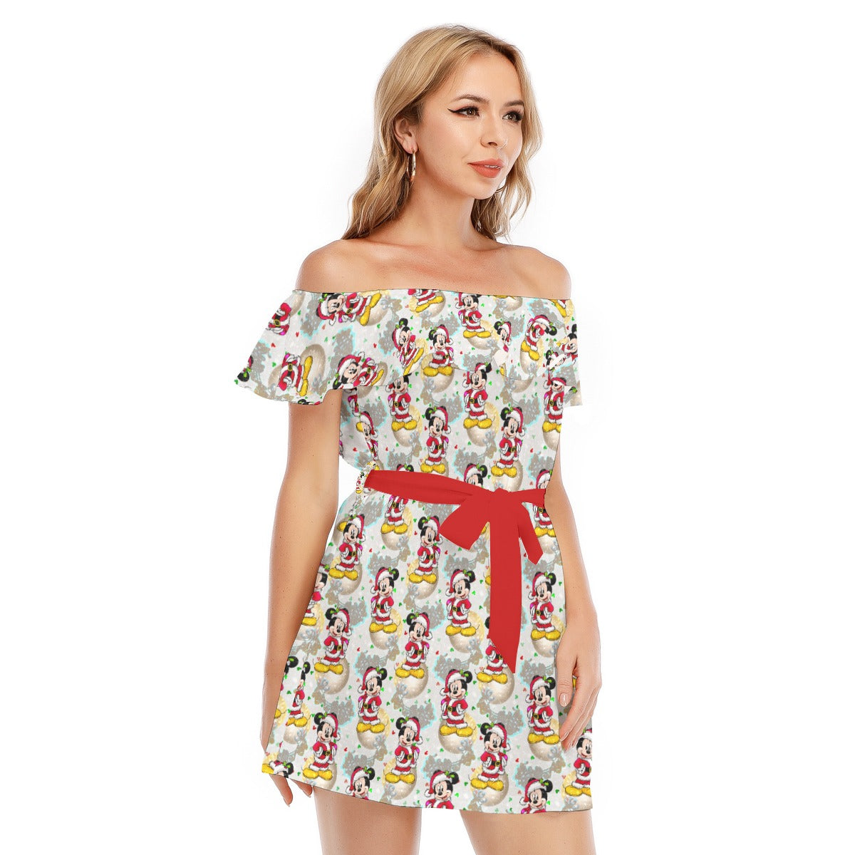 Santa Mouse Celebration - Women's Off-shoulder Ruffle Dress