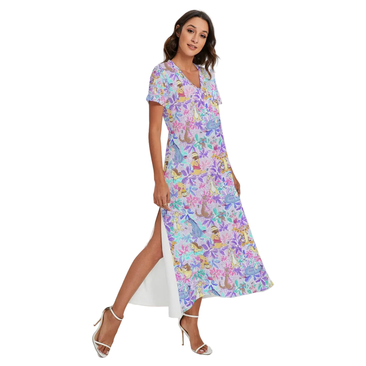 Storybook Friends in Bloom - Women's V-Neck Side Split Maxi Dress