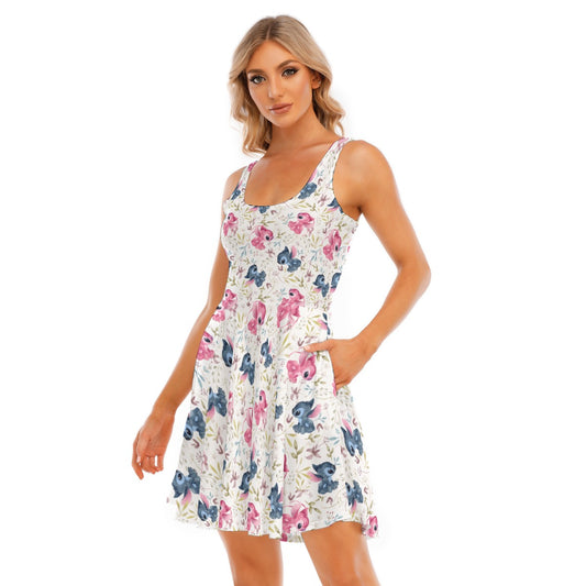 Blue Alien & Pink Friend Love - Women's Sleeveless Pocket Skater Dress