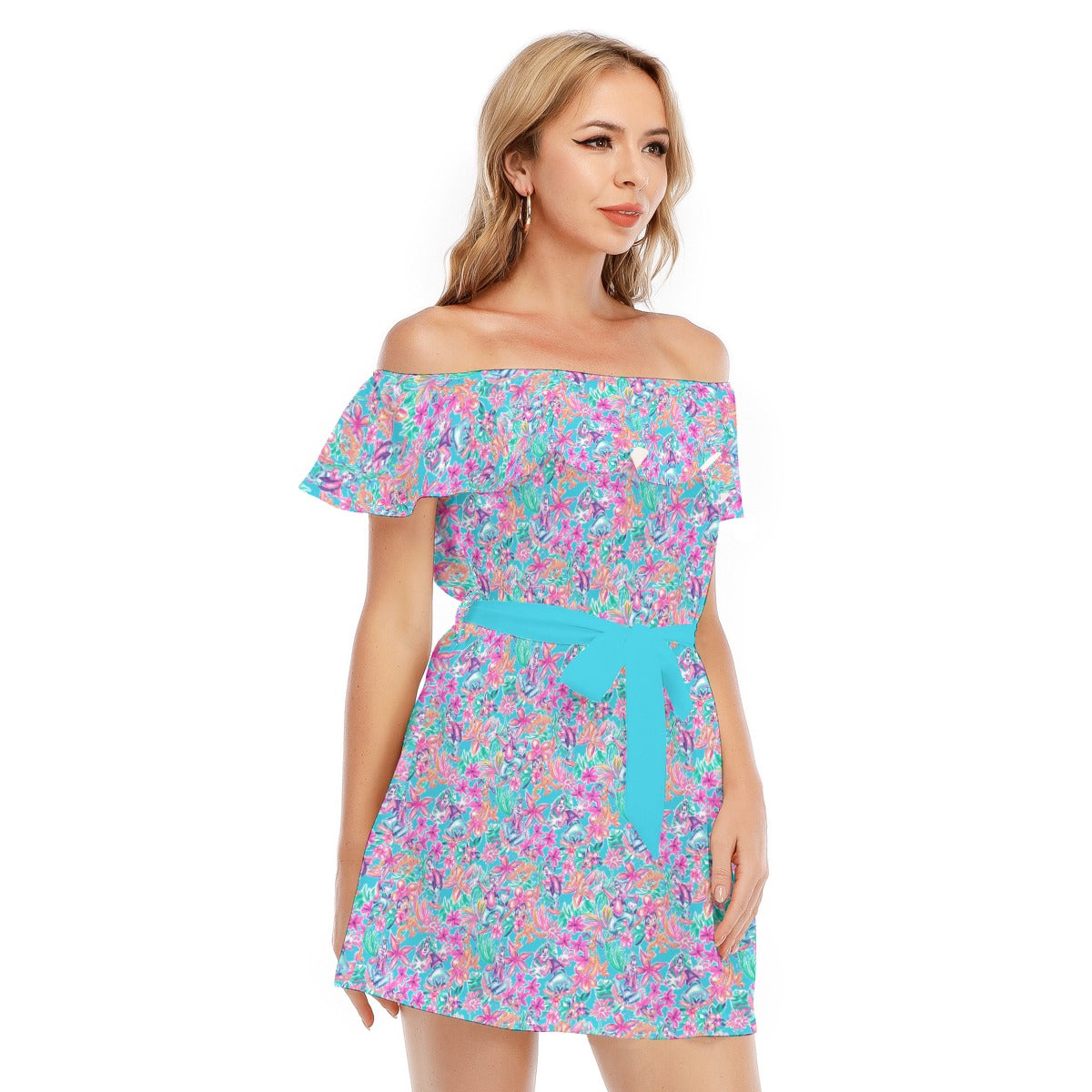 Tropical Bloom Fiesta - Playful Duo - Women's Off-shoulder Ruffle Dress