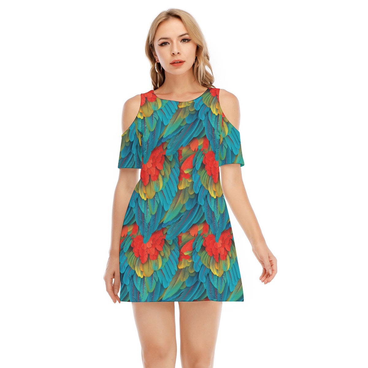 Animal Print - Macaw Parrot - Women's Cold Shoulder Cotton Dress