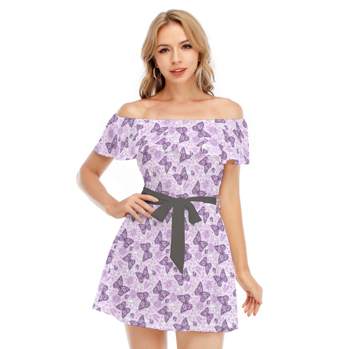 Lavender Butterflies - Women's Off-shoulder Ruffle Dress