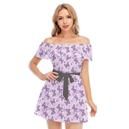 Lavender Butterflies - Women's Off-shoulder Ruffle Dress