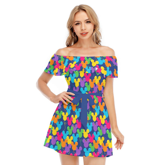 Bright Mouse Ear Balloons - Women's Off-shoulder Ruffle Dress