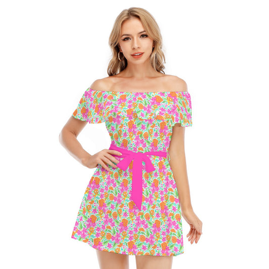 Tropical Citrus Bloom - Women's Off-shoulder Ruffle Dress