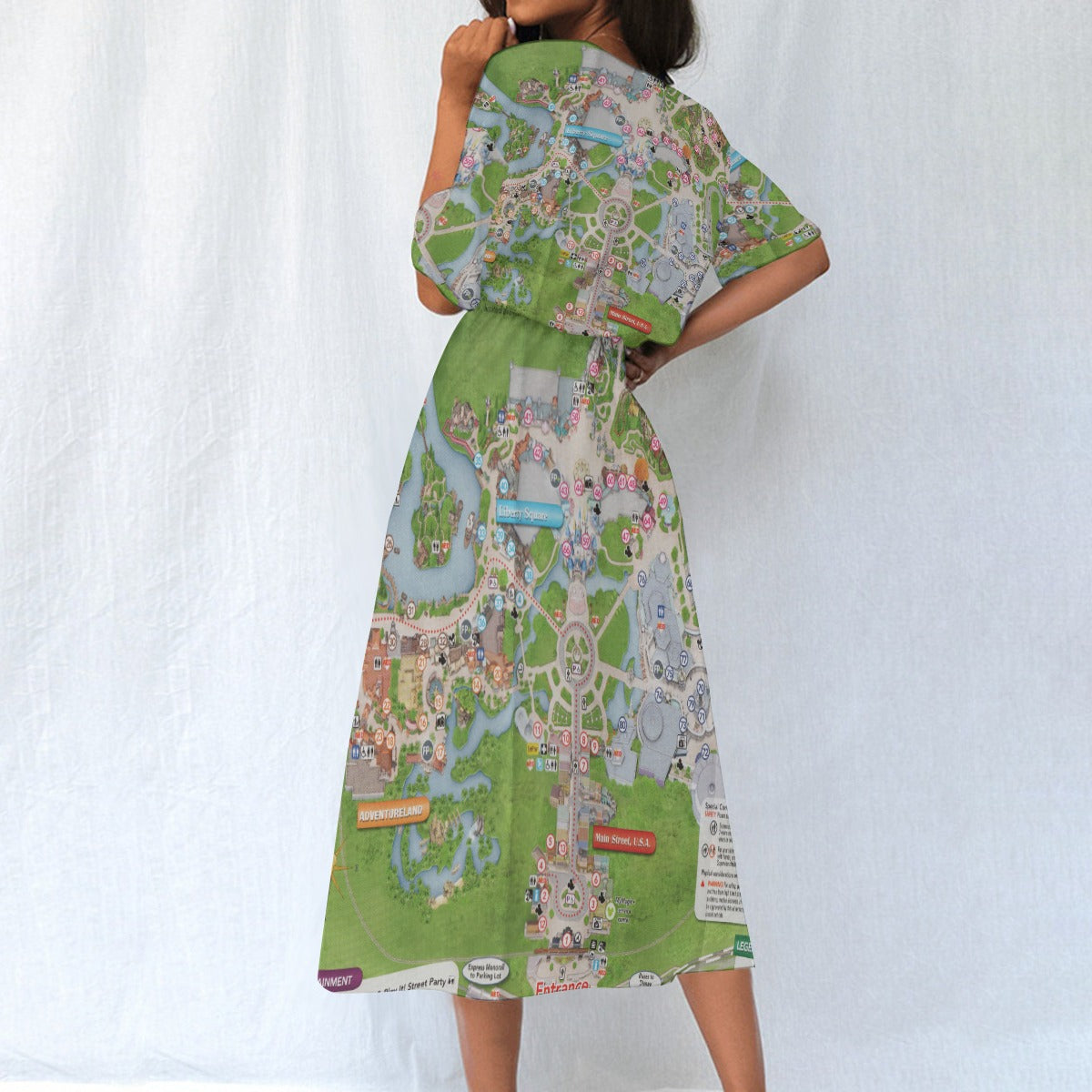 Vibrant Fantasy Park Map - Women’s Elastic Waist Pocket Midi Dress