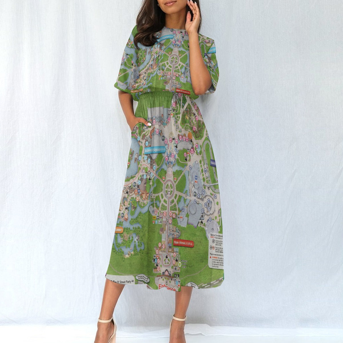 Vibrant Fantasy Park Map - Women’s Elastic Waist Pocket Midi Dress