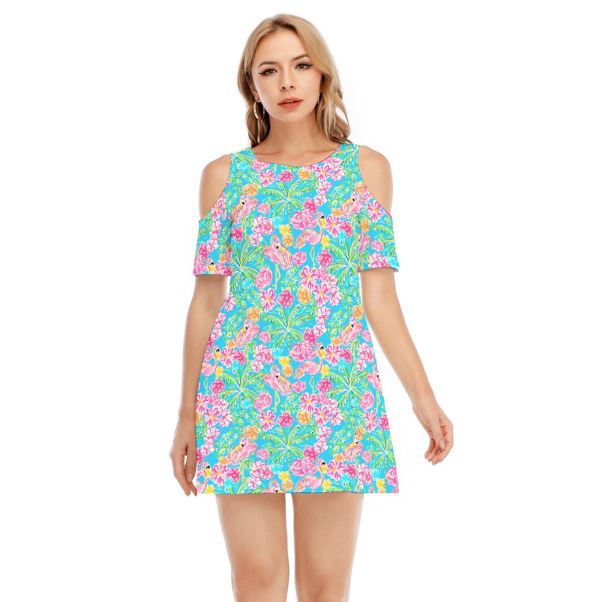 Flamingo Fiesta - Women's Cold Shoulder Cotton Dress