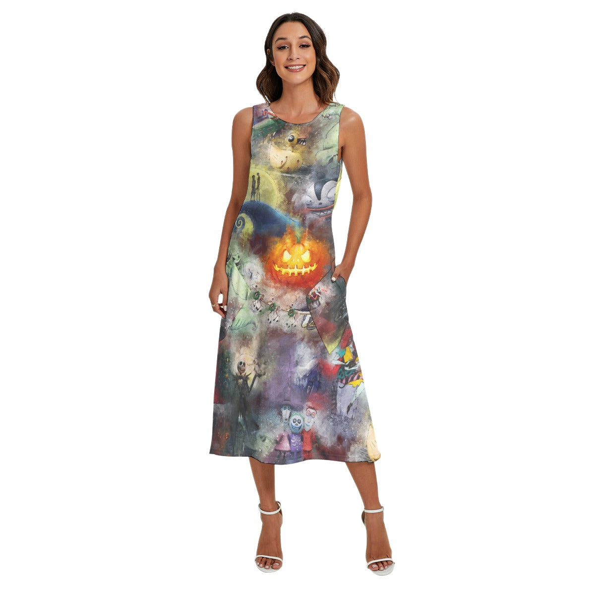 Watercolor Nightmare Town - Women’s Diagonal Pocket Midi Dress