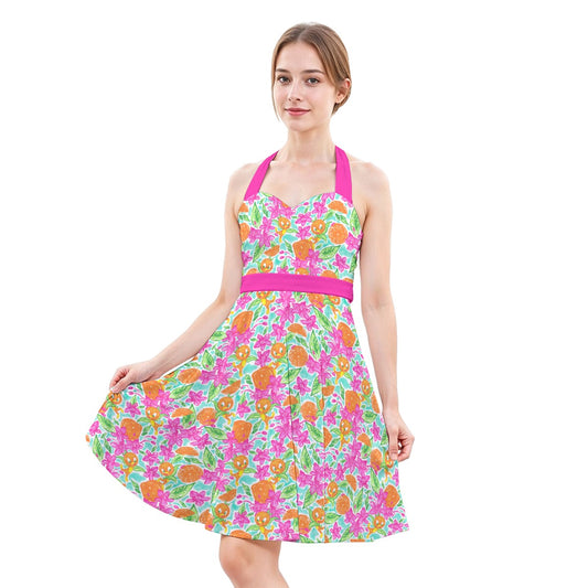 Tropical Citrus Bloom - Women's Halter Vintage Pocket Dress