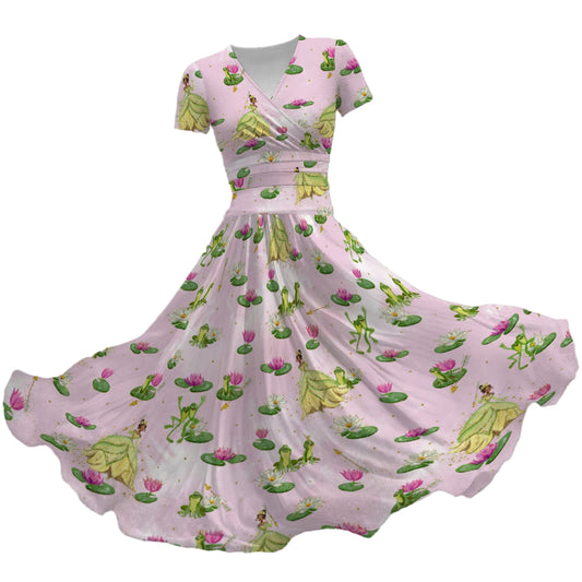 Watercolor Bayou Princess & Frog - Women's V-Neck Ruched Midi Dress