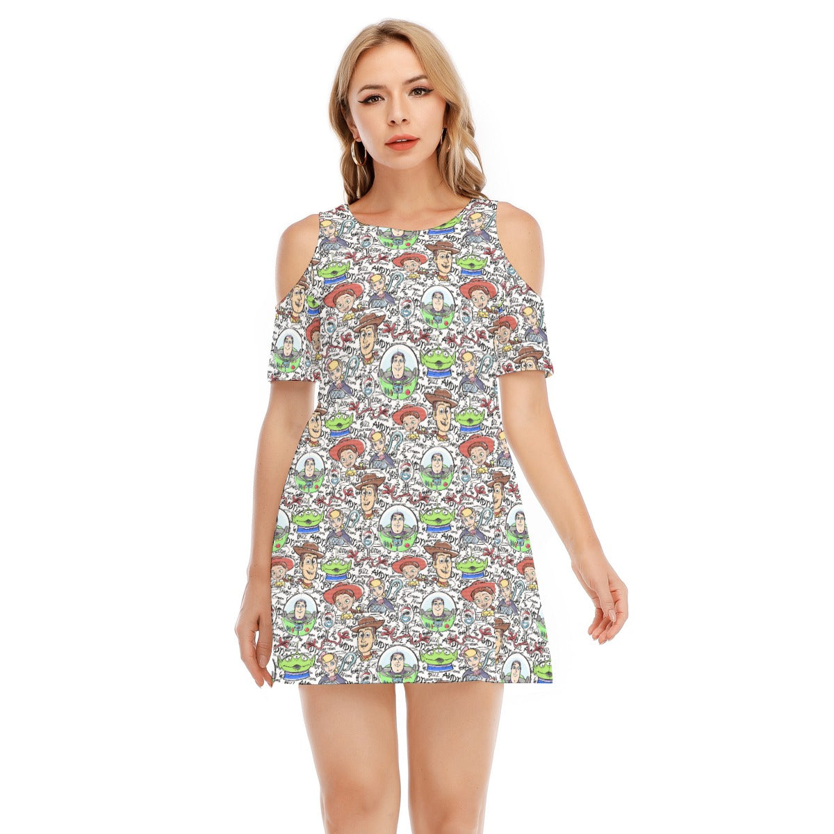 Sketch Autographs of Animated Toy Friends - Women's Cold Shoulder Cotton Dress