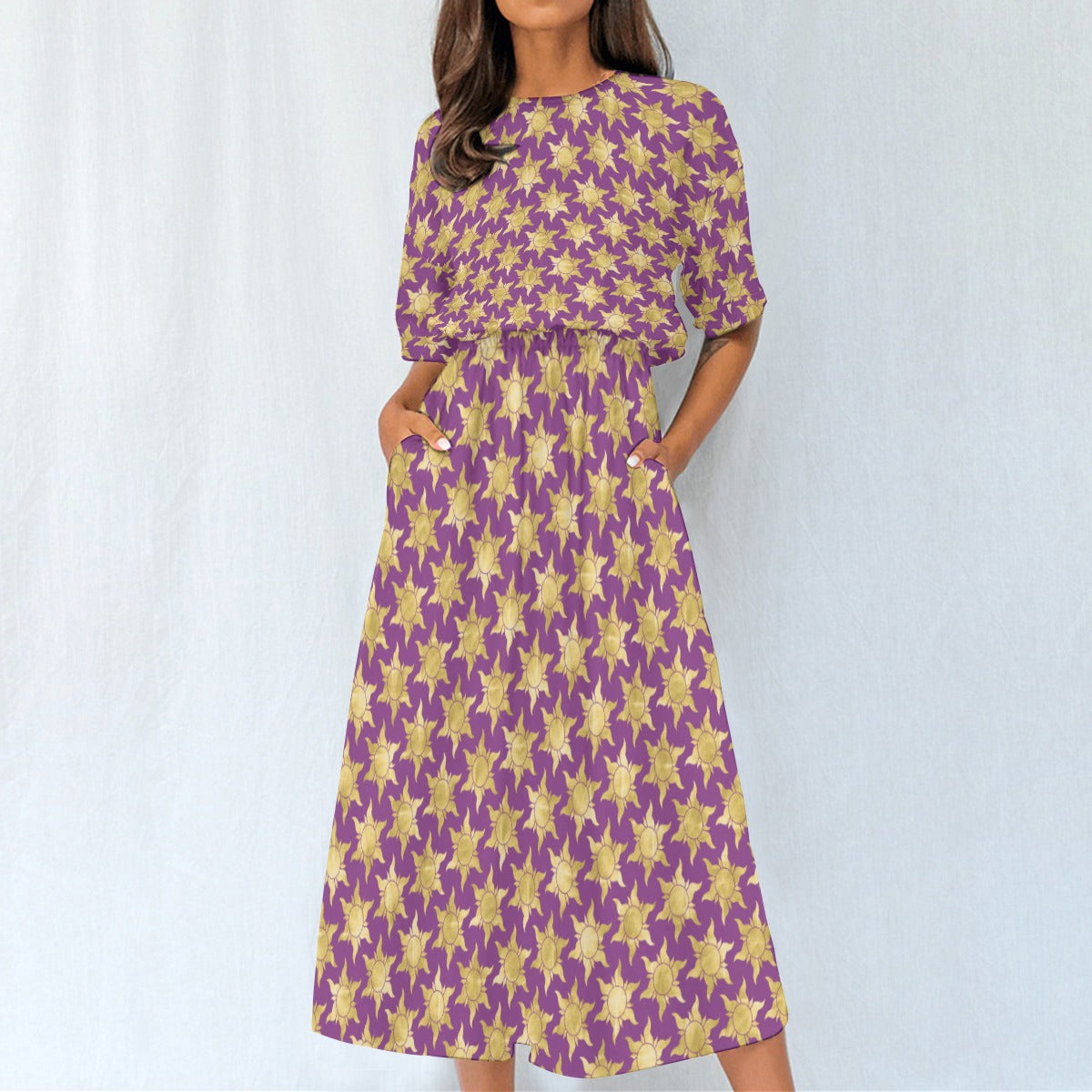 Golden Sun Symbols - Women’s Elastic Waist Pocket Midi Dress