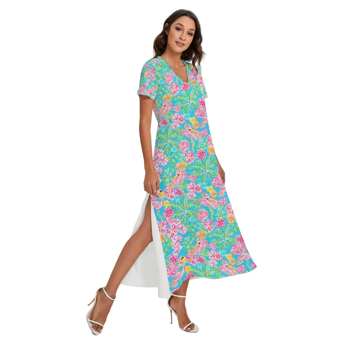 Flamingo Fiesta - Women's V-Neck Side Split Maxi Dress