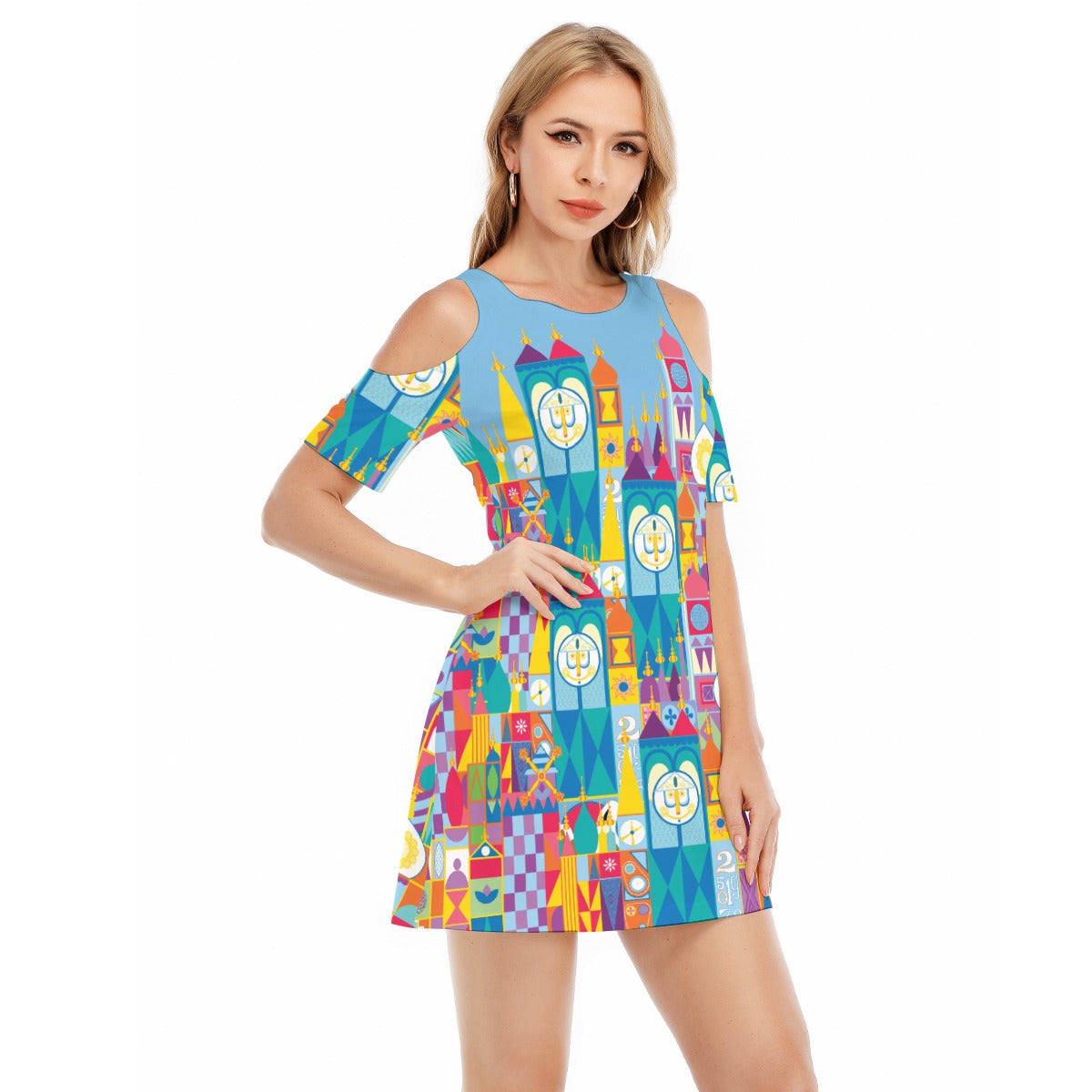Whimsical World Facade - Women's Cold Shoulder Cotton Dress