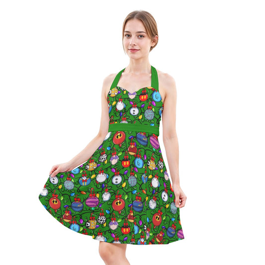 Festive Character Baubles on Green - Women's Halter Vintage Pocket Dress
