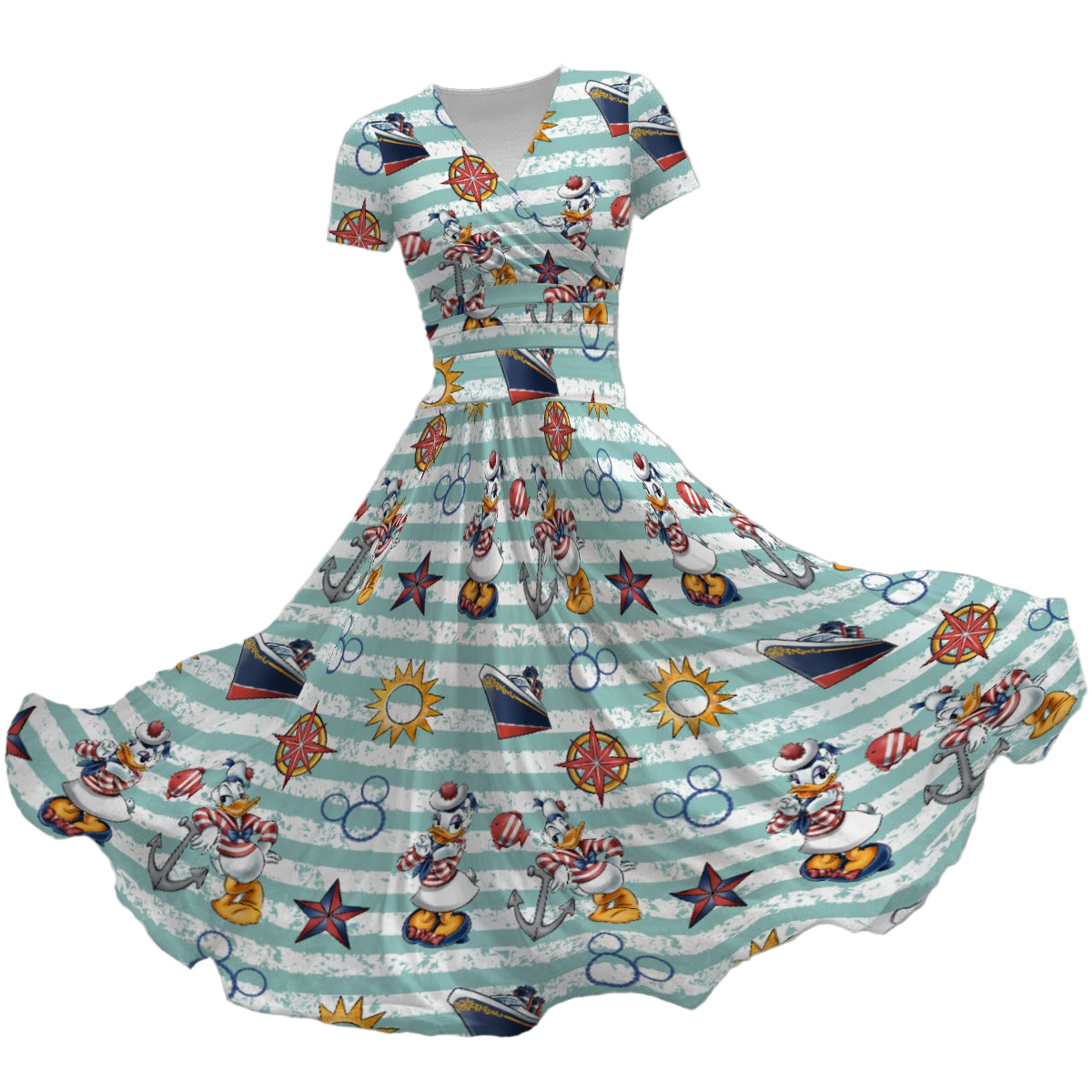 Sailor Duo on Deck - Women's V-Neck Ruched Midi Dress