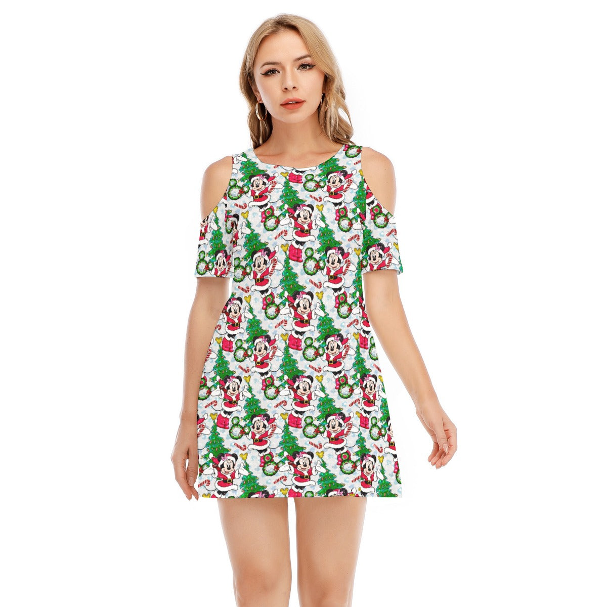 Santa Mouse with Sparkle - Women's Cold Shoulder Cotton Dress