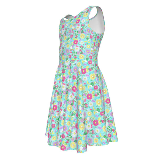 Neon Spring Floral Friendsends - Kid's Sleeveless Skater Dress