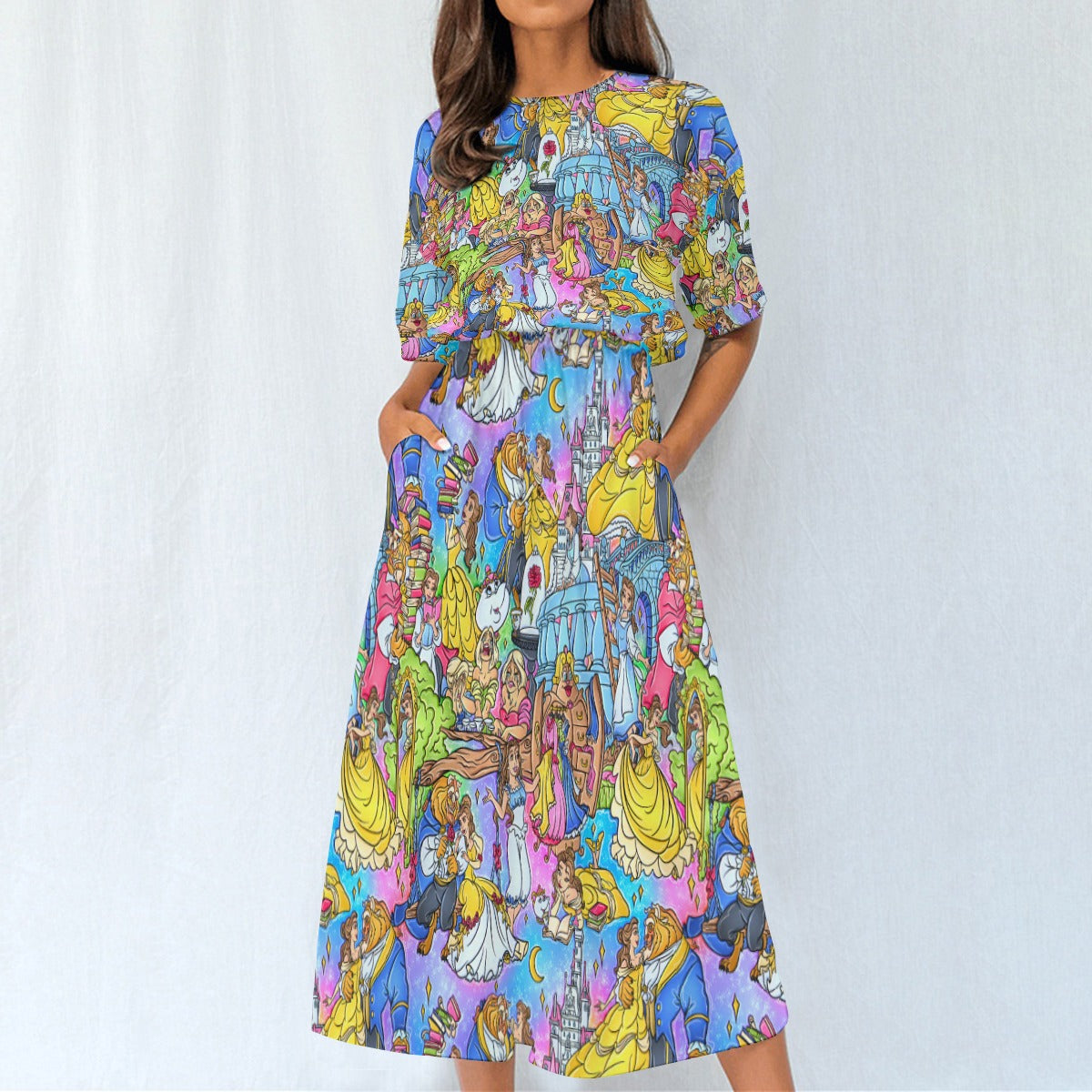 Enchanted Tale Storybook Scenes - Women’s Elastic Waist Pocket Midi Dress