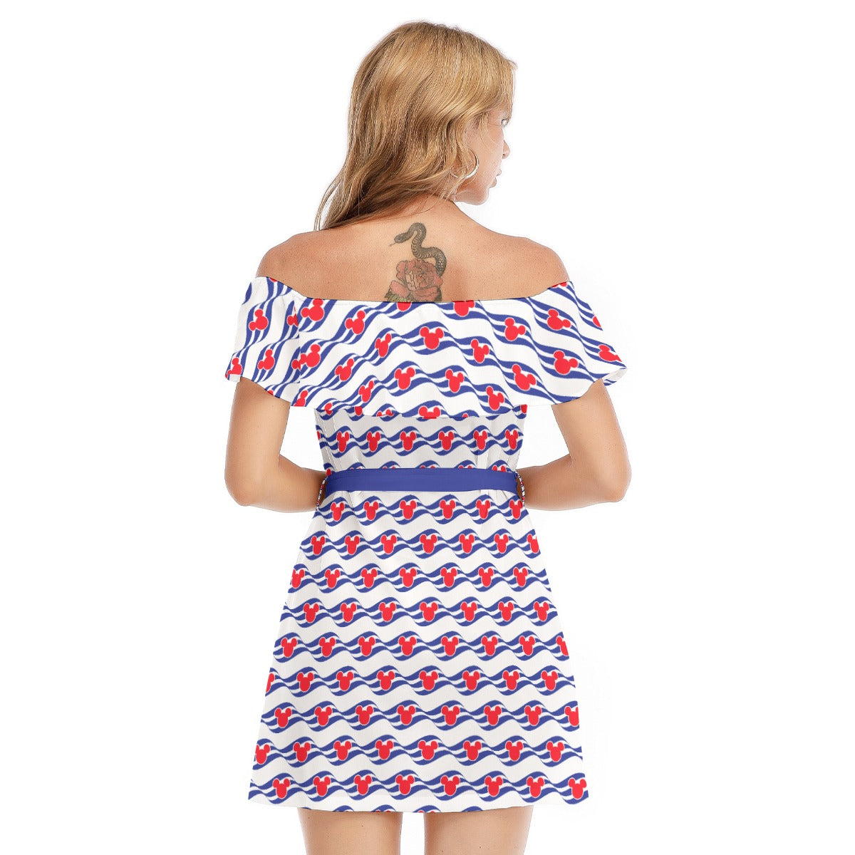 Nautical Cruise Logo Print - Women's Off-shoulder Ruffle Dress