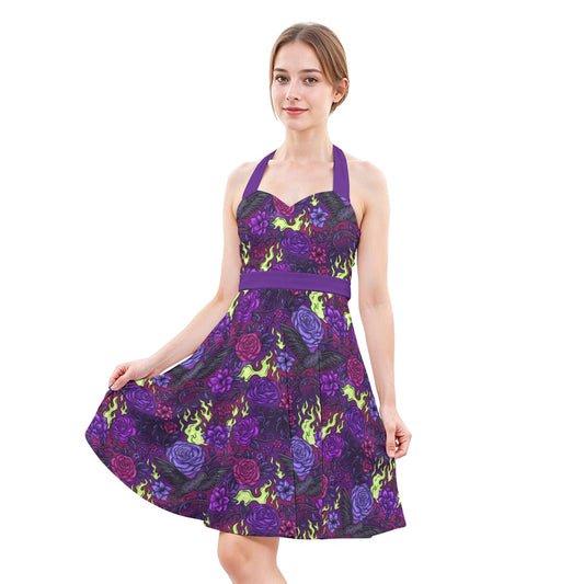 Fairytale Florals - Dark Enchantress - Women's Halter Vintage Pocket Dress