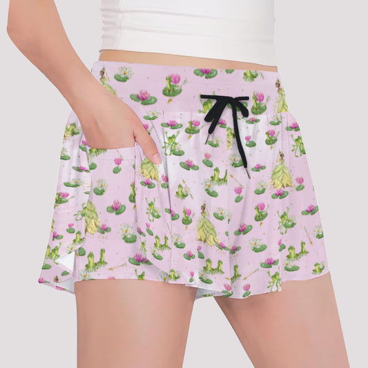 Watercolor Bayou Princess & FrogFrog - Girls’ Flowy Pocket Shorts