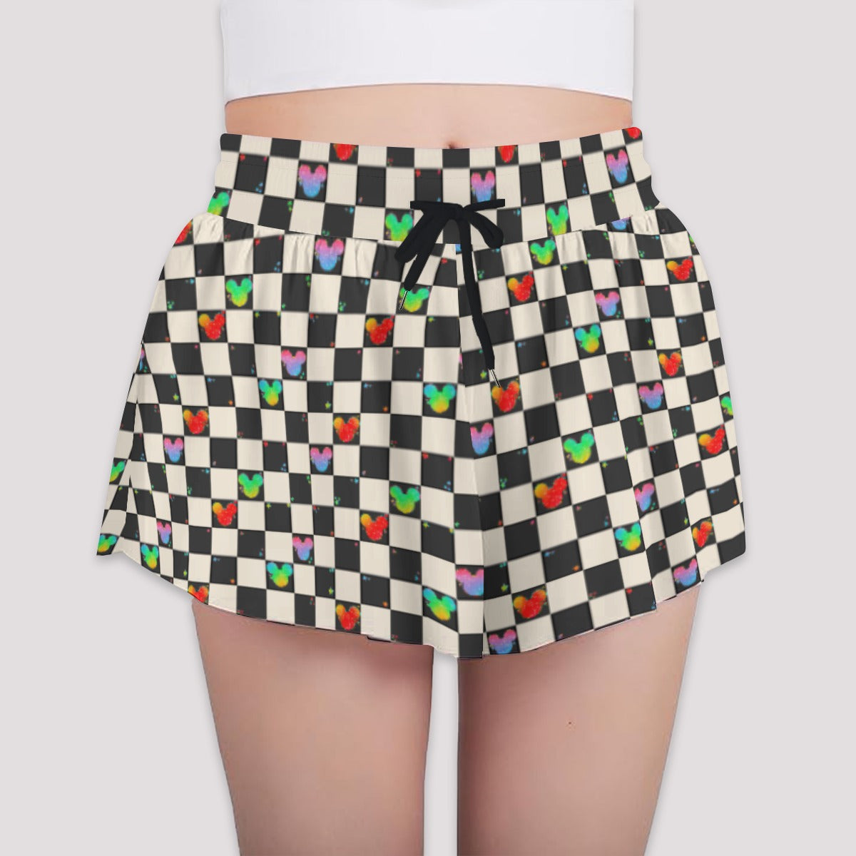 Rainbow Checker Mouse Ears - Girls’ Flowy Pocket Shorts