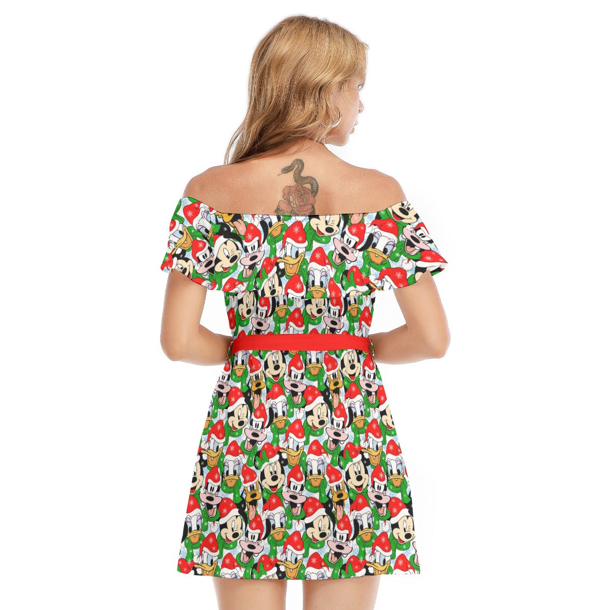 Mouse Friends in Santa Hats - Women's Off-shoulder Ruffle Dress