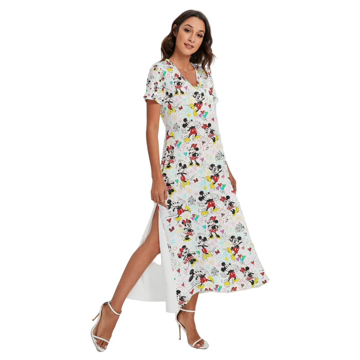 Doodle Mouse Magic - Women's V-Neck Side Split Maxi Dress