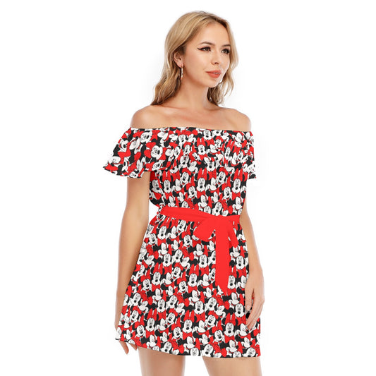 Many Faces of Polka Dot Mouse - Women's Off-shoulder Ruffle Dress