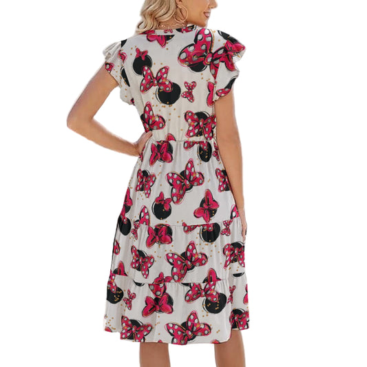 Polka Dot Bows & Mouse Ears - Women's Tiered Pocket Midi Dress