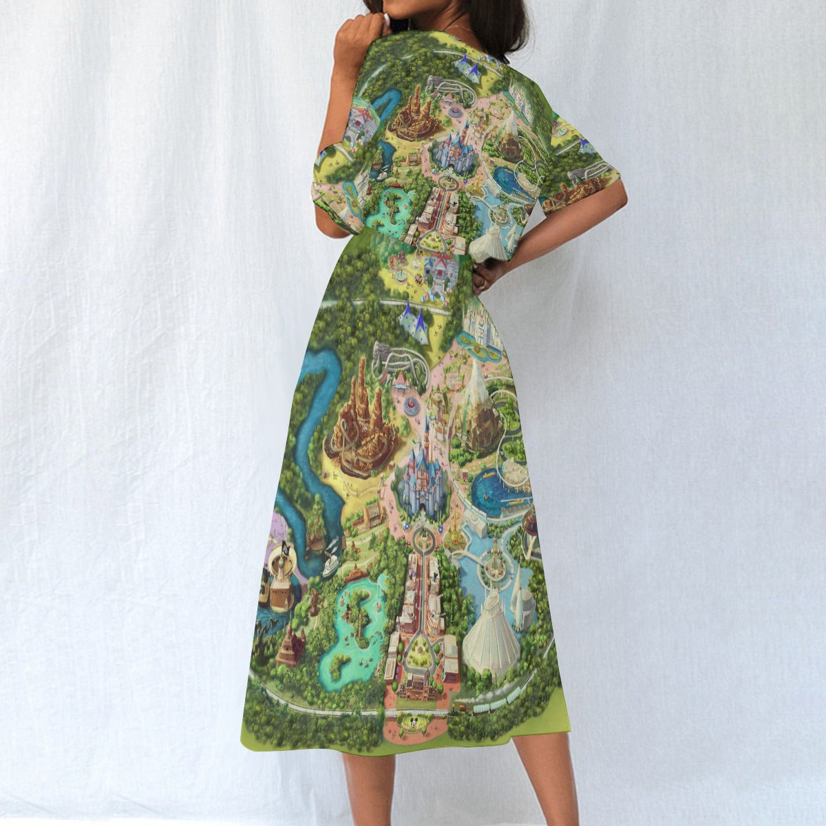 Colorful Theme Park Map - Women’s Elastic Waist Pocket Midi Dress