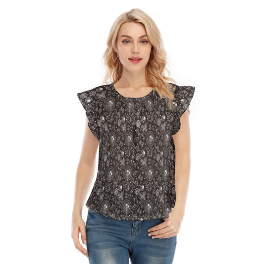 Monochrome Theme Park Icons - Women’s Flutter Sleeve Top