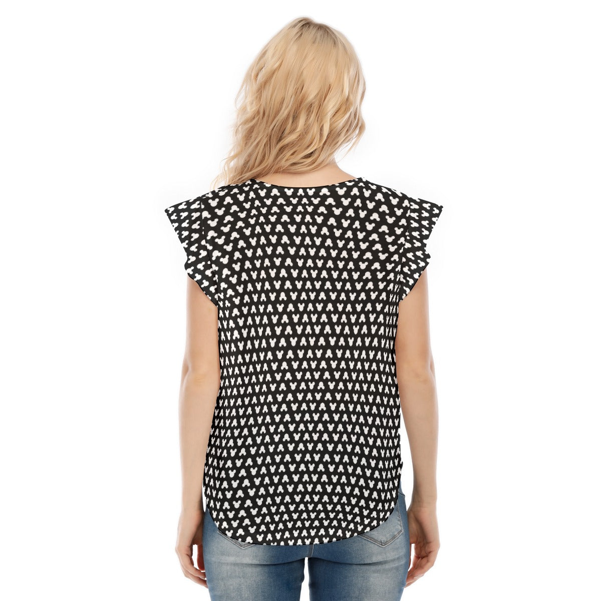 Playful Polka Dot Ears Black - Women’s Flutter Sleeve Top