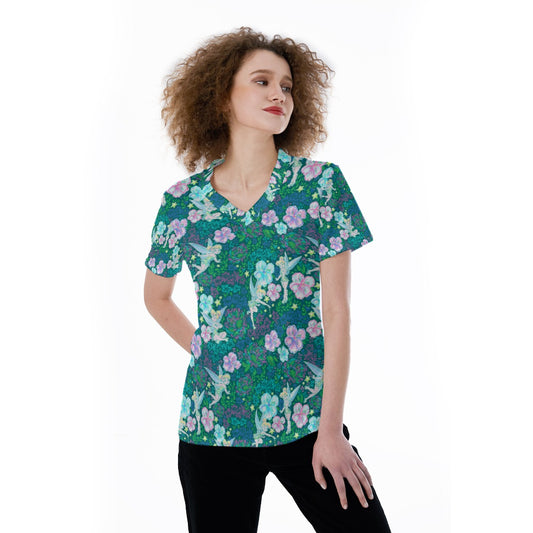 Pixie in Neon Blooms - Women's Short Sleeve V-Neck T-Shirt