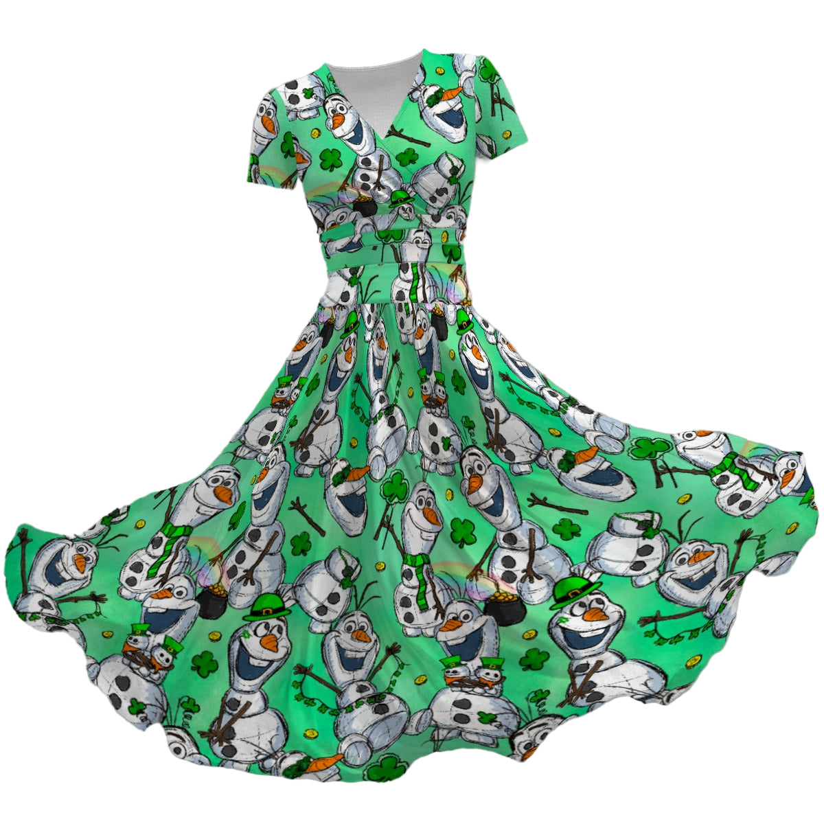 Sketched Snowman St. Patrick’s Day - Women's V-Neck Ruched Midi Dress