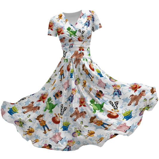 Playful Toy Friends - Women's V-Neck Ruched Midi Dress