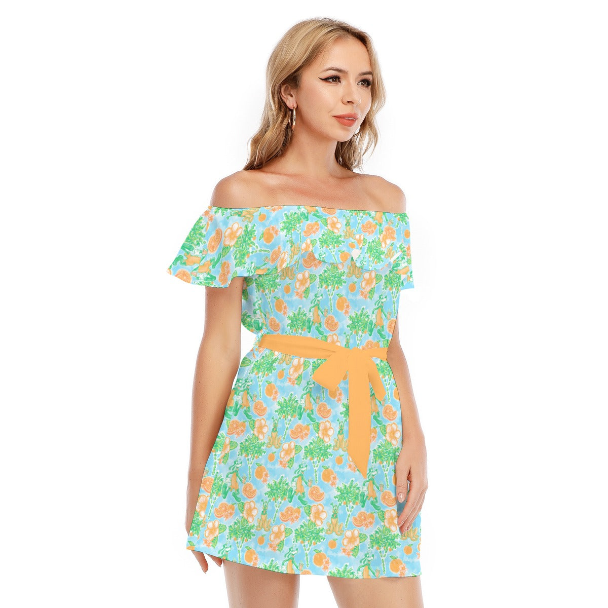 Neon Tangerine Island Pals - Women's Off-shoulder Ruffle Dress