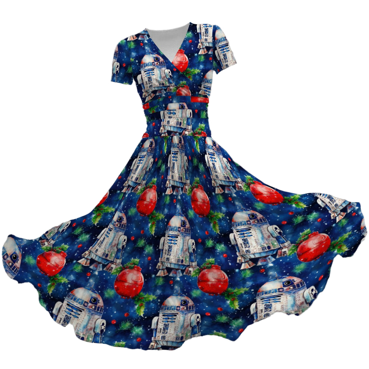 Little Blue Christmas Droid - Women's V-Neck Ruched Midi Dress