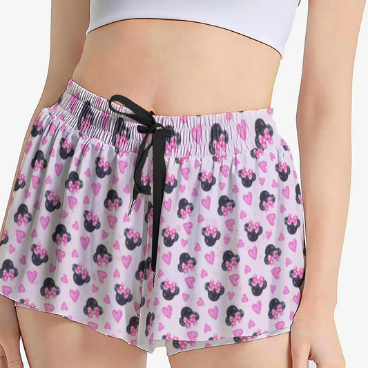 Watercolor Pink Bow Mouse Ears - Women's Flowy Pocket Shorts
