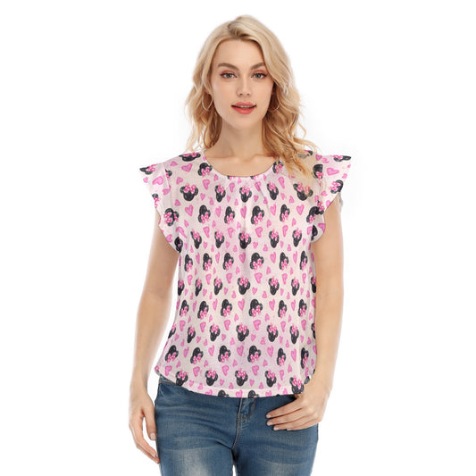 Watercolor Pink Bow Mouse Ears - Women’s Flutter Sleeve Top