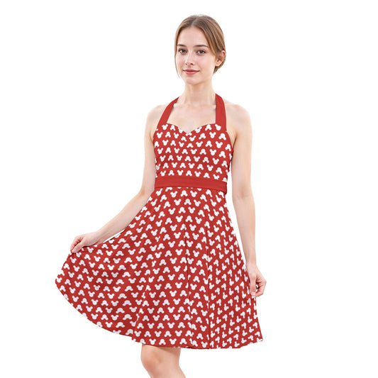 Playful Polka Dot Ears Red - Women's Halter Vintage Pocket Dress