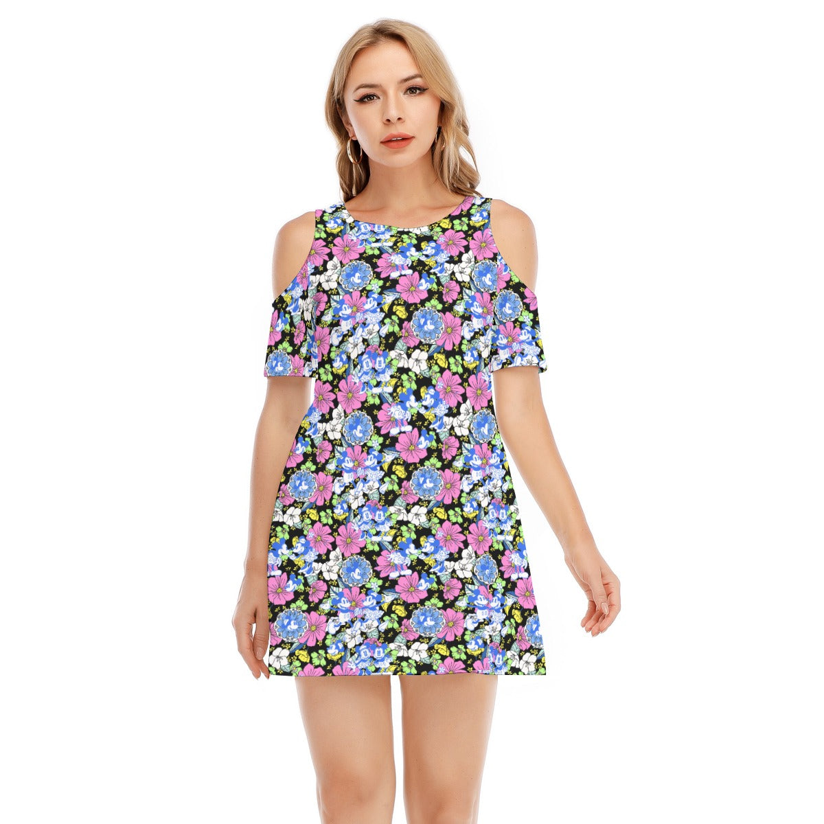 Garden Whimsy - Vintage Mouse Romancennie - Women's Cold Shoulder Cotton Dress