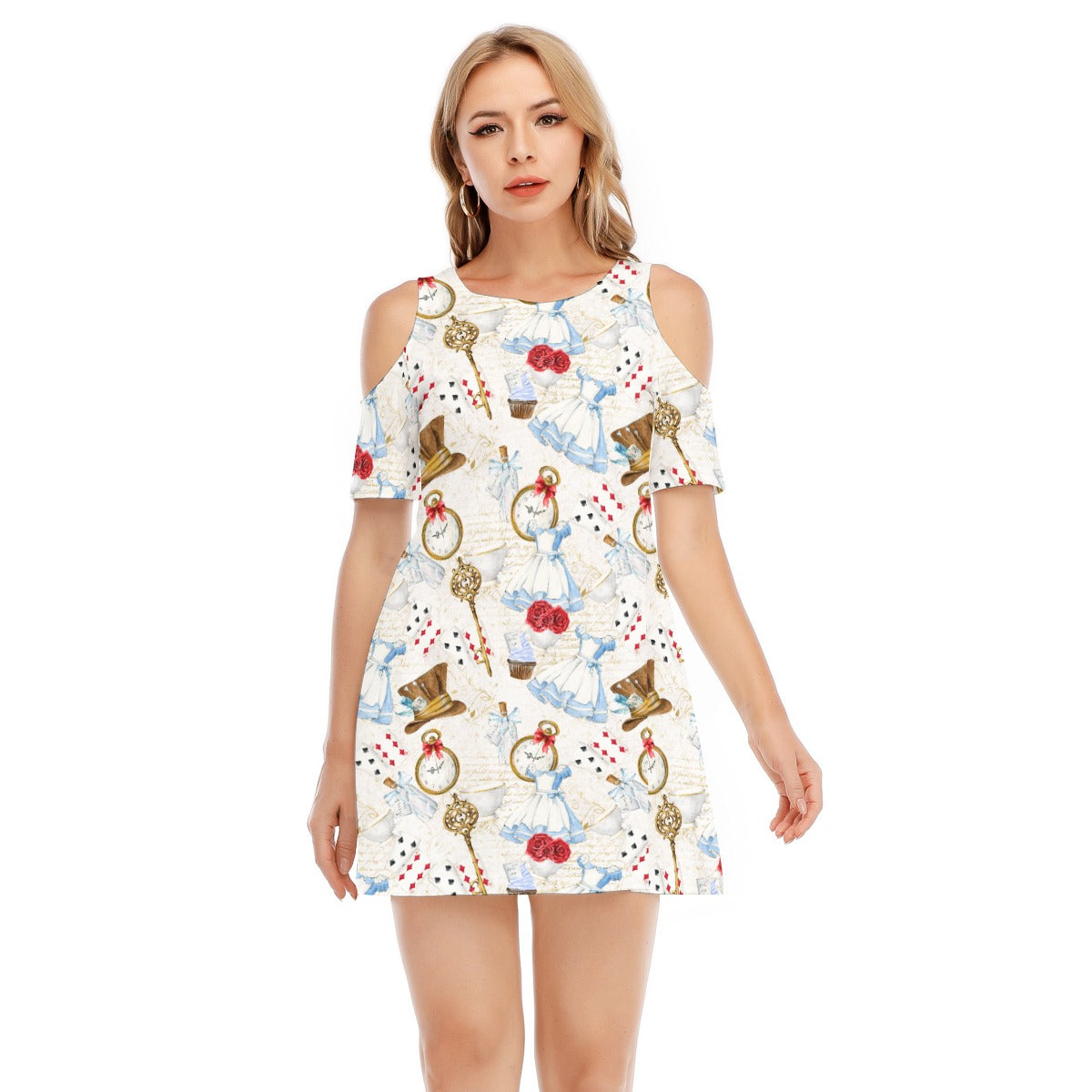 Curious Wonderland Icons - Women's Cold Shoulder Cotton Dress