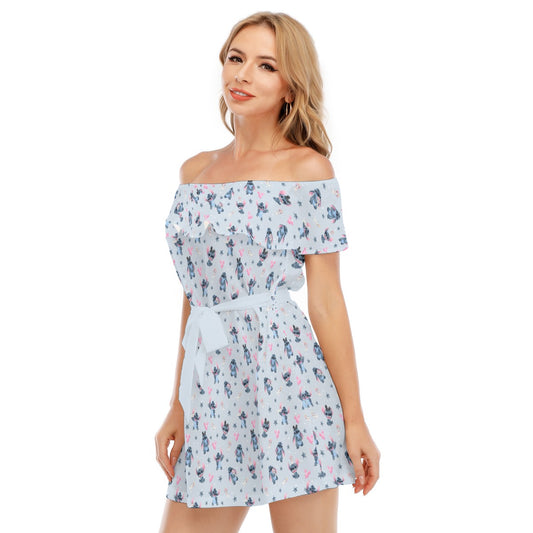 Happy Blue Alien - Women's Off-shoulder Ruffle Dress