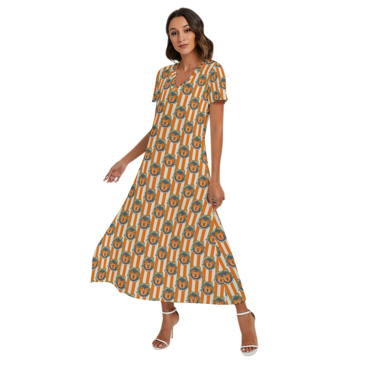 Pumpkin Cameo Stripes - Women's V-Neck Side Split Maxi Dress