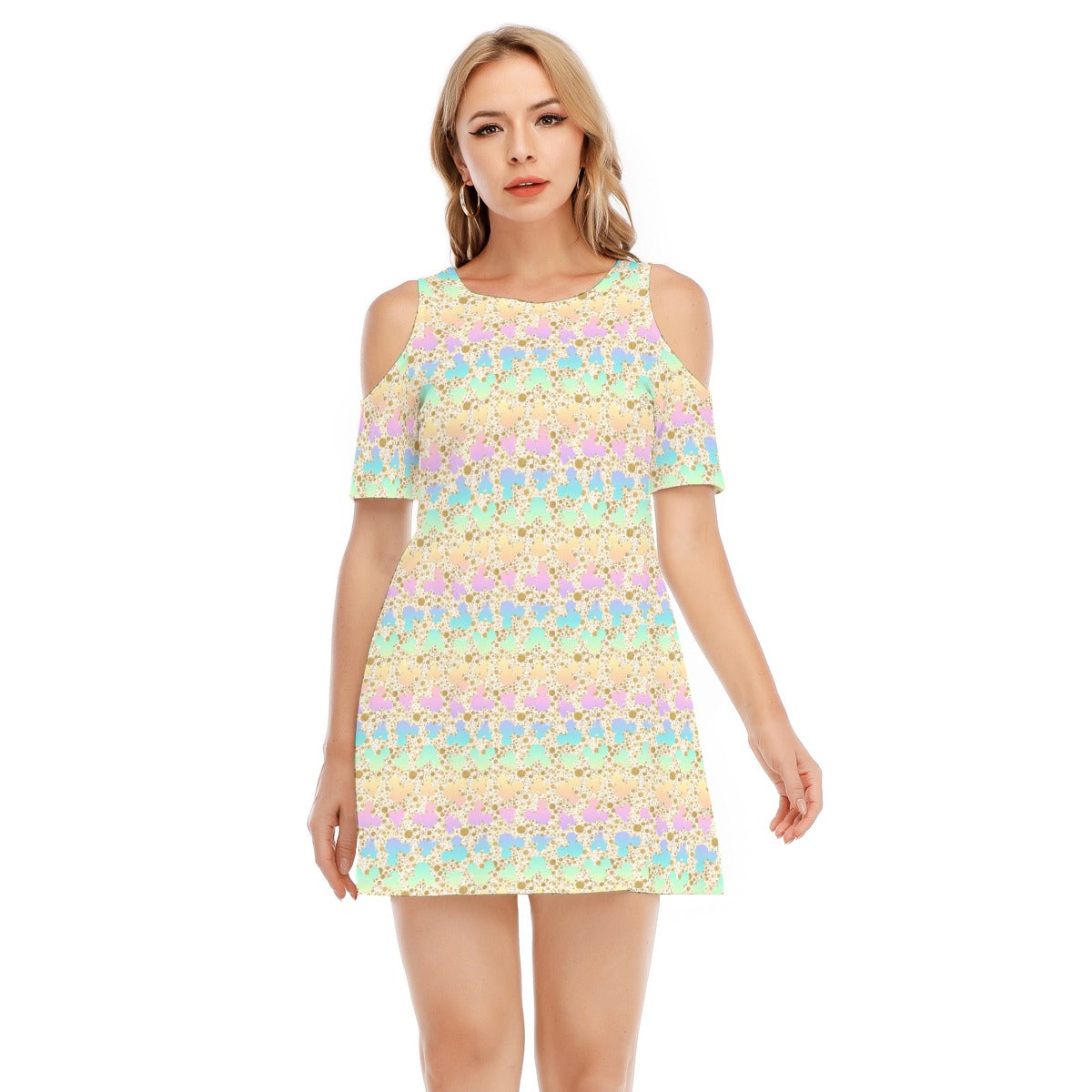 Gold Dot Rainbow Mouse Ears Castle - Women's Cold Shoulder Cotton Dress
