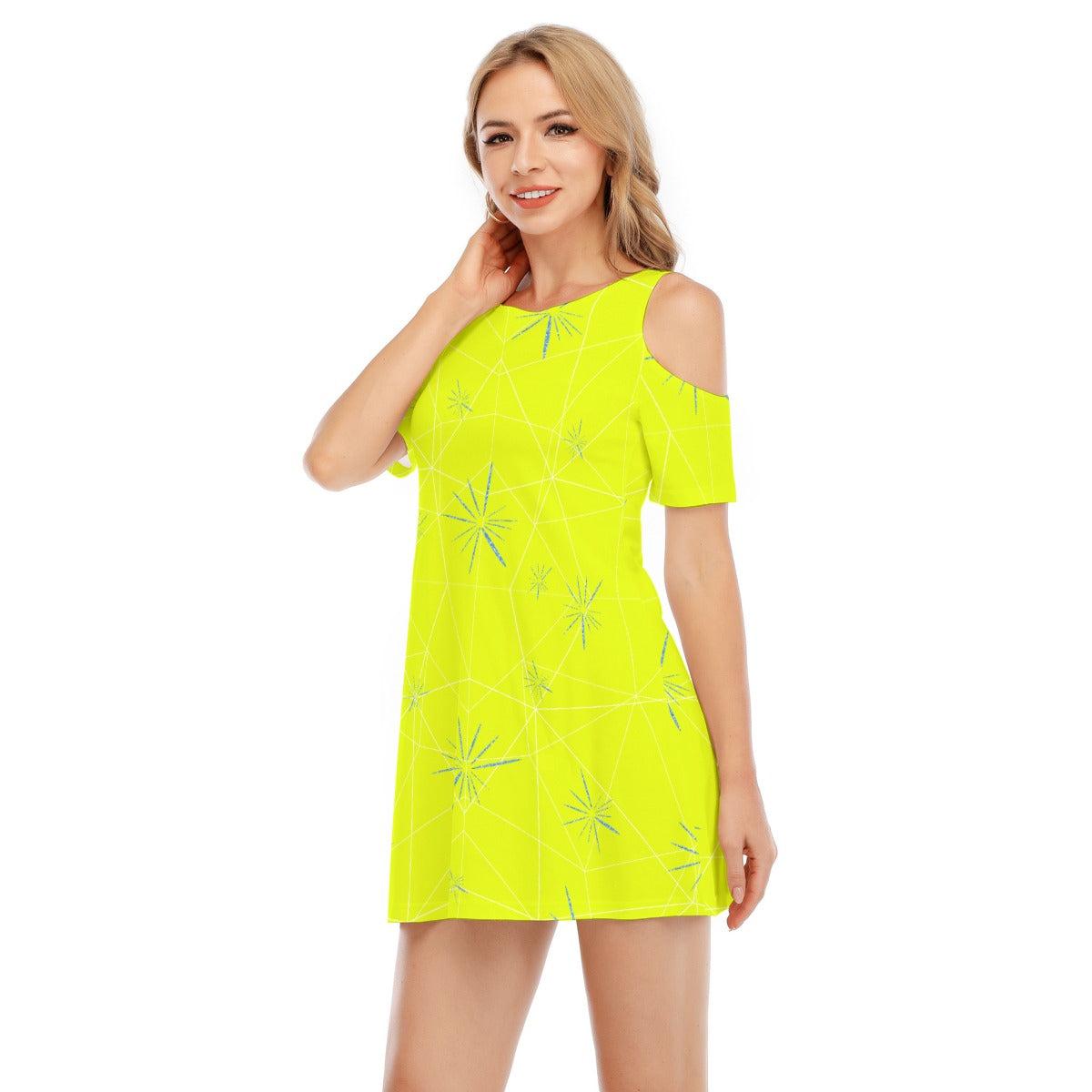 Joyful Blue & Yellow Florals - Women's Cold Shoulder Cotton Dress