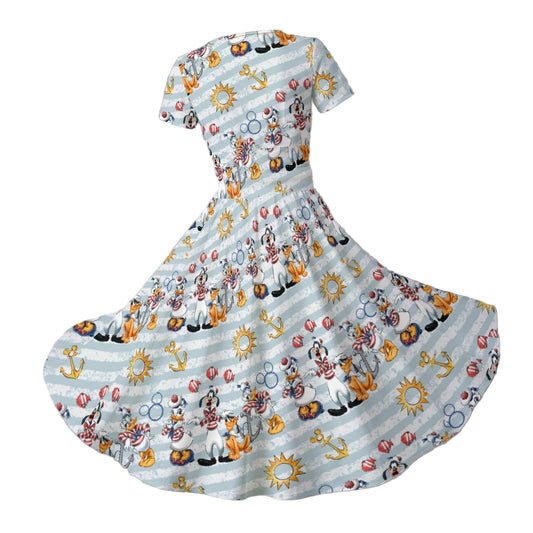 Set Sail with the Crew - Women's V-Neck Ruched Midi Dress